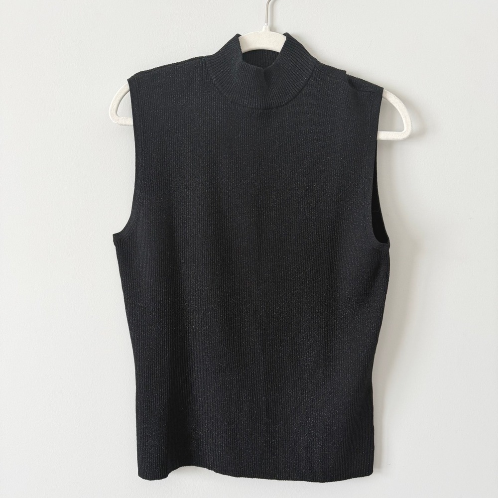 Talbots Black Mock Neck Silk Blend Metallic Sparkle Sweater Size XL  90s Vintage